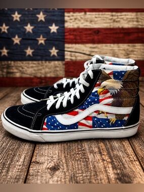 Vans Sk8-Hi Mens 12 Black American Flag Eagle Freedom USA High Top Shoes CLEAN
